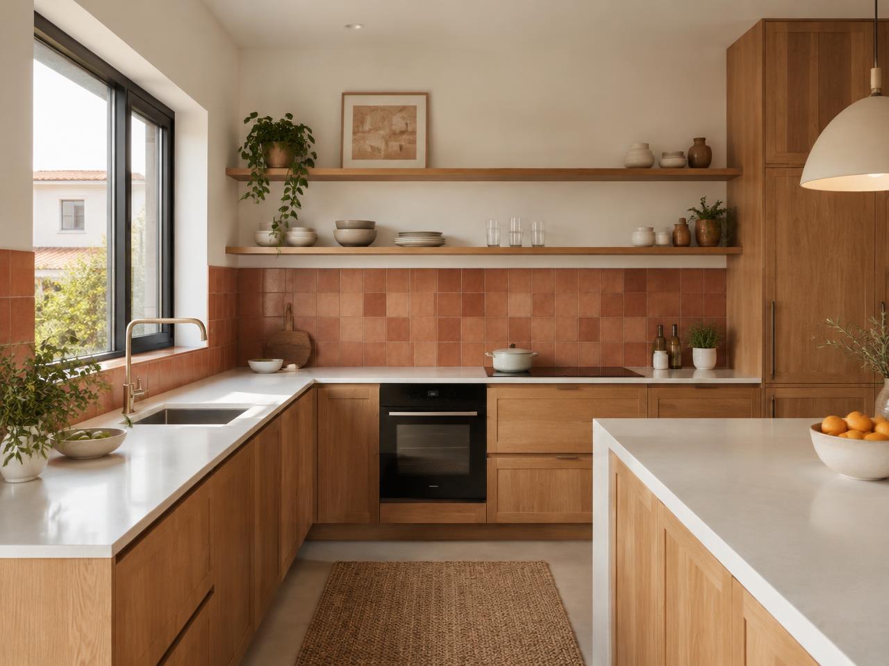Cozinha renovada com armários em madeira clara, bancada branca e luz natural (imagem ilustrativa)